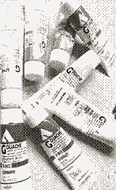 Pixel art of a scattered set of gouache paint tubes