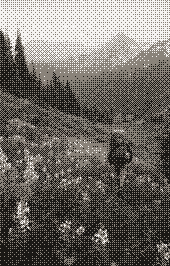 Pixel art of a Norwegian mountain landscape with a hiker on a trail leading toward the mountains